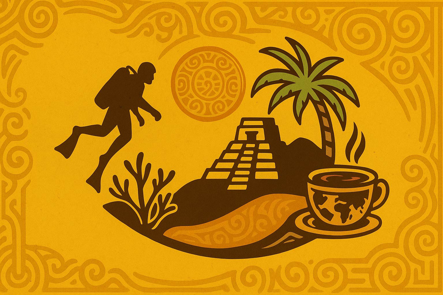 Illustration of a person running towards a pyramid with a palm tree and a cup of coffee on a yellow background.